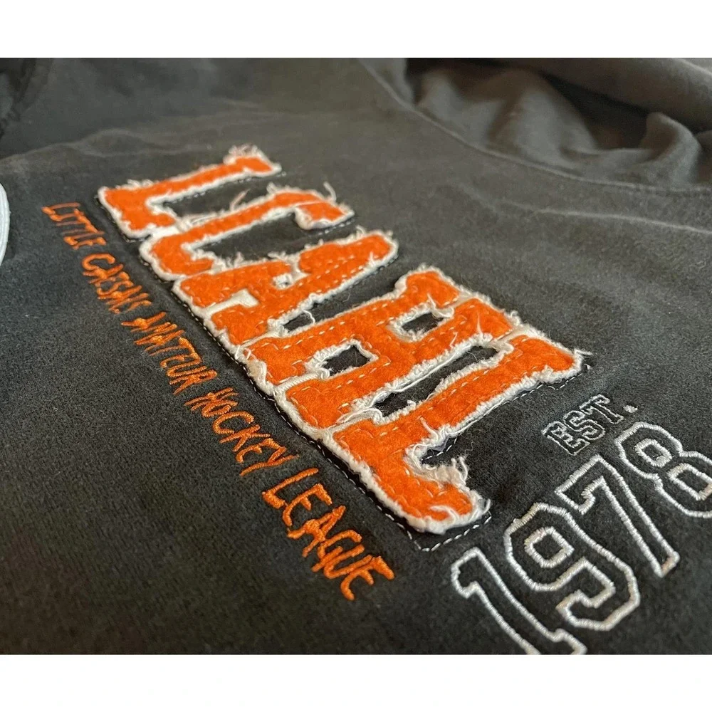 Mens (M) Black Hoodie LCAHL Amateur Hockey Pennant Orange Fabric Letters Cotton